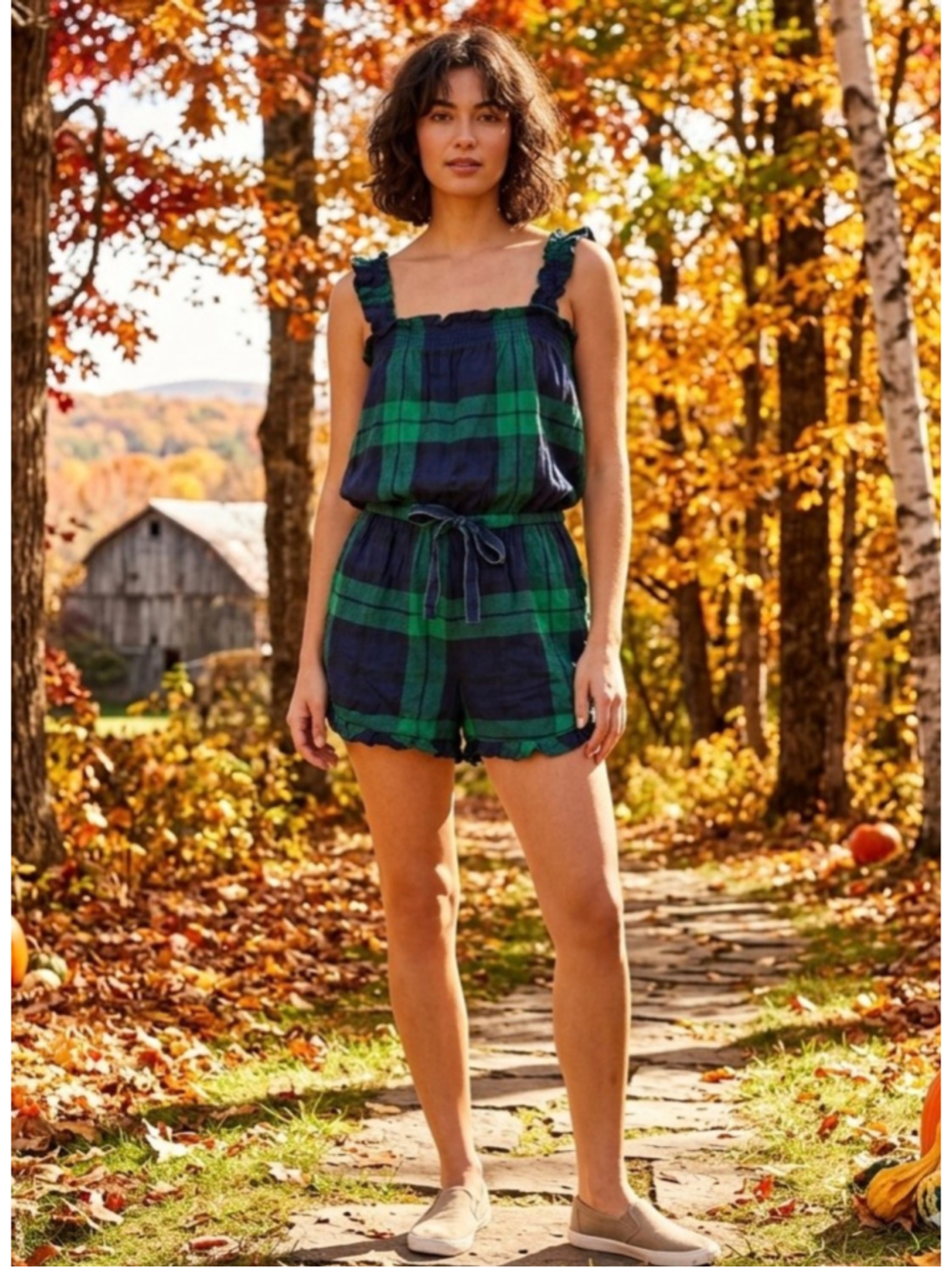 Women’s Aerie Flannel Romper size Medium Green Blue Plaid Flannel Sleep NWT